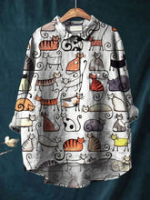 Women's Cute Cat Art Print Casual Cotton And Linen Shirt